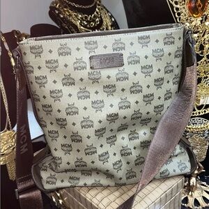 MCM Beige and Brown Logo Crossbody Bag